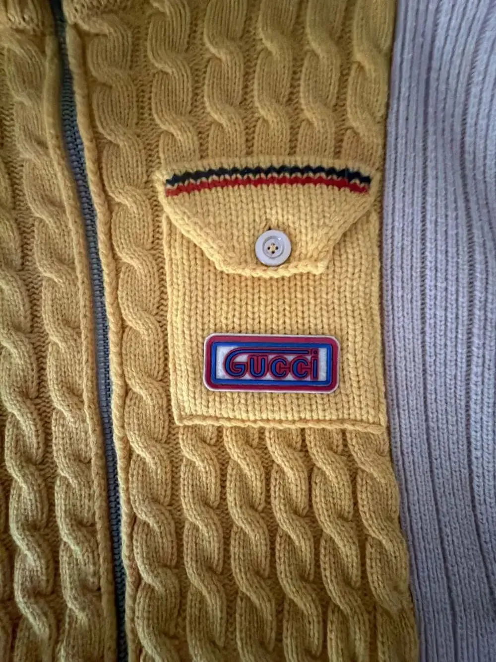 Gucci Cable-Knit Wool Zip-Up Cardigan with Patch Detail